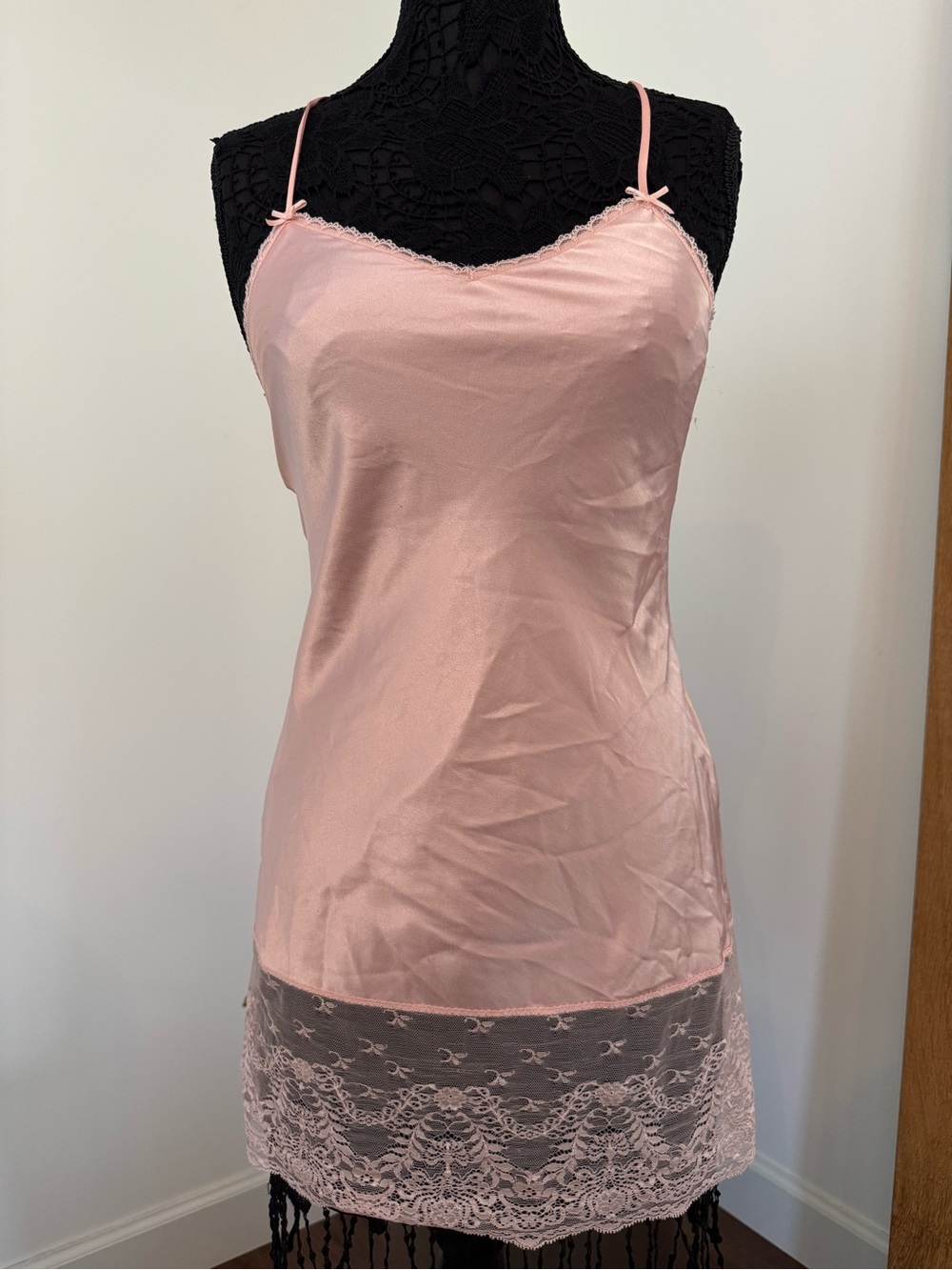 Women's Pink Lace Trim Satin Slip Dress